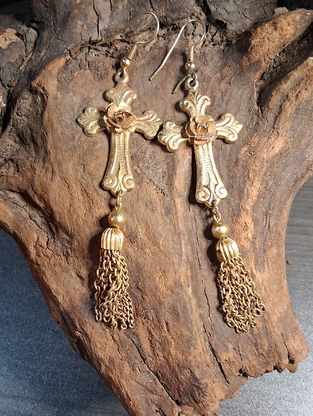 Gold Cross Tassel Drop Earrings - Elegant Women's Jewelry